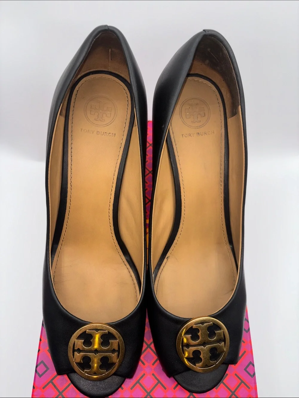 Tory Burch Black Leather Peep Toe Wedges with Gold Logo Medallion